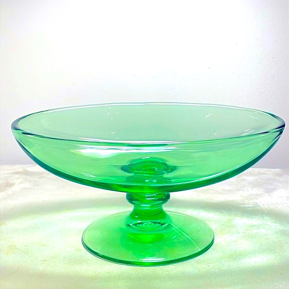 Uranium Green Depression Glass Vintage Dessert Style Oval Pedestal Compote EUC